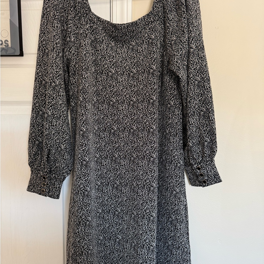 LOFT Black and White Sheath Dress with Bishop Sleeves